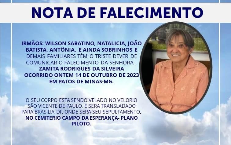 LAMENTAMOS INFORMAR O FALECIMENTO DE ZAMITA RODRIGUES DA SILVEIRA