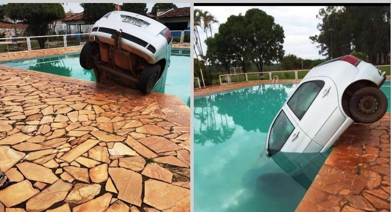 MOTORISTA CONFUNDE ÁREA DE ESTACIONAMENTO E CARRO VAI PARAR NA PISCINA