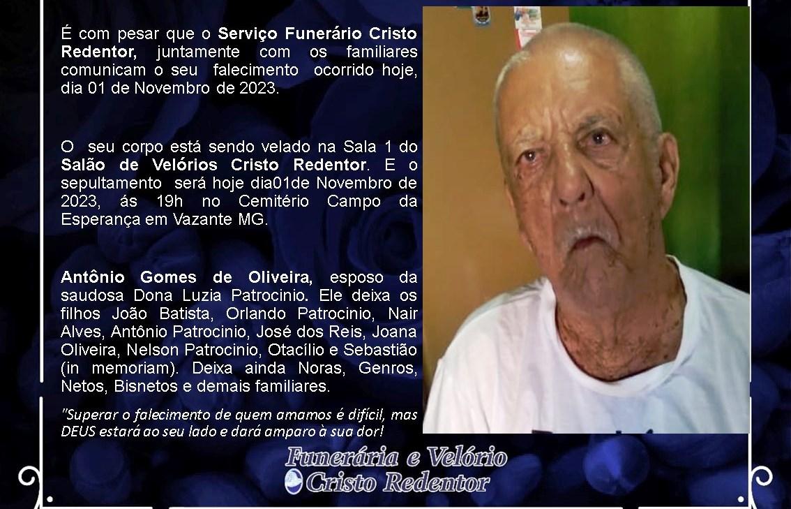 LAMENTAMOS INFORMAR O FALECIMENTO DE ANTÔNIO GOMES DE OLIVEIRA
