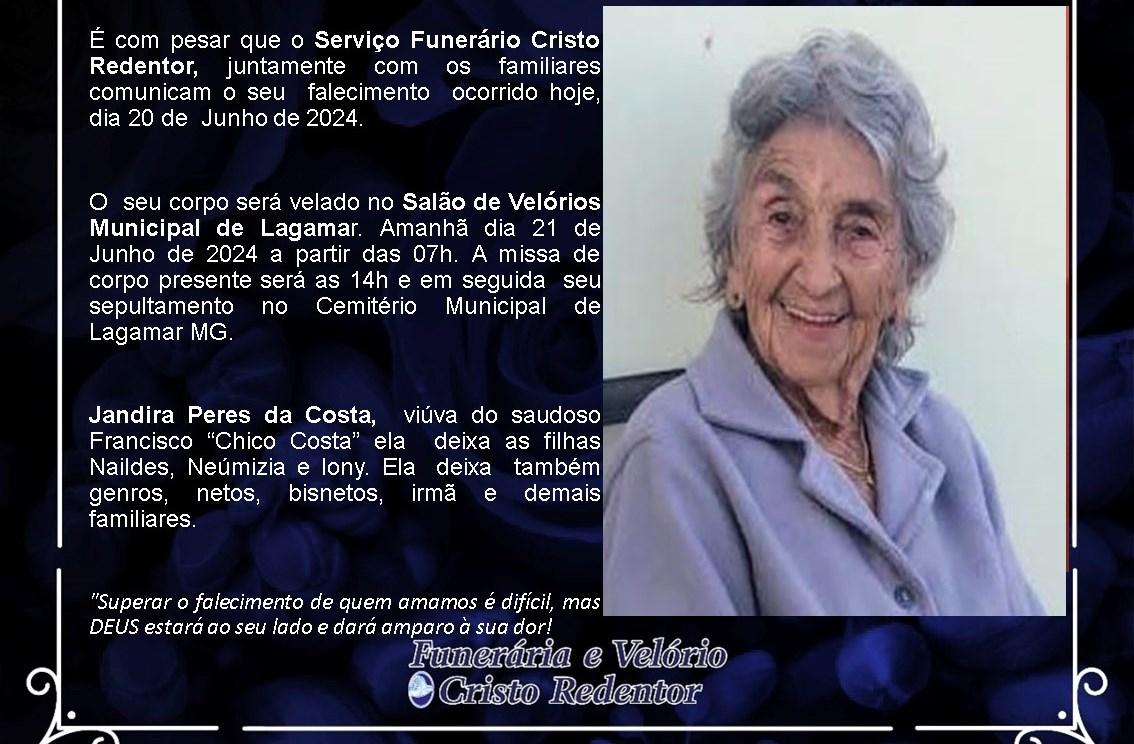 LAMENTAMOS INFORMAR O FALECIMENTO DE JANDIRA PERES COSTA