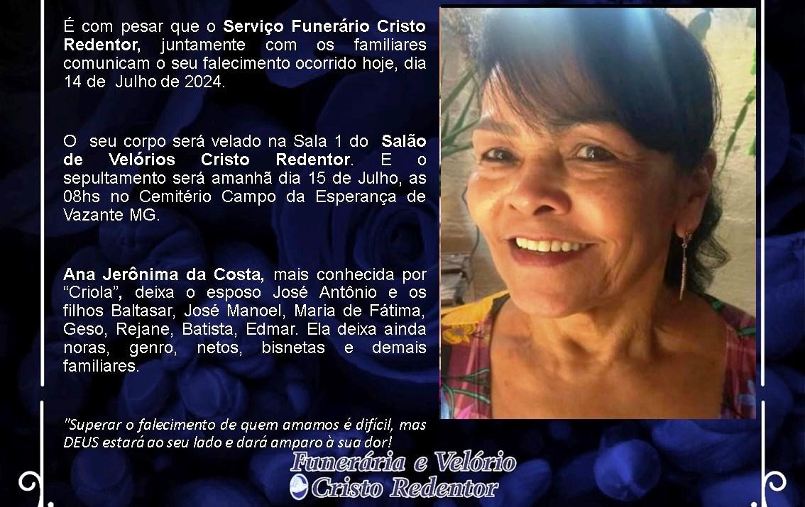 LAMENTAMOS INFORMAR O FALECIMENTO DE ANA JERÔNIMA DA COSTA