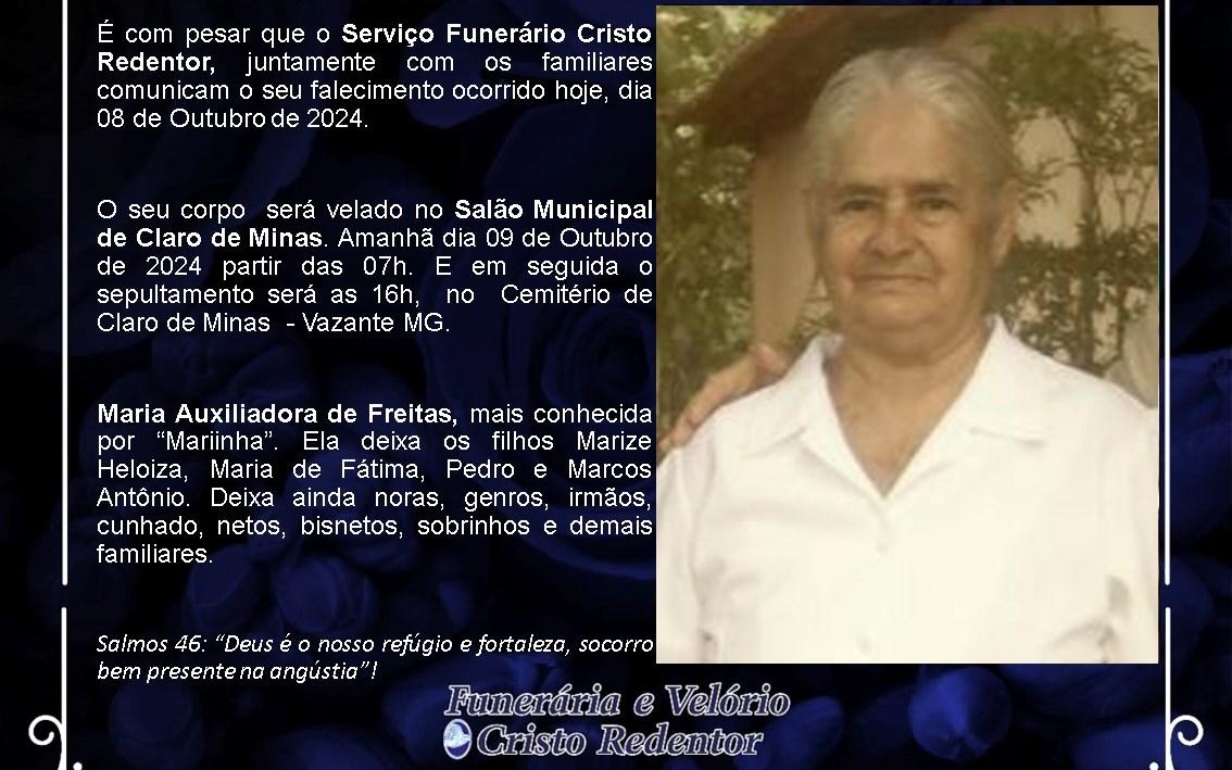 LAMENTAMOS INFORMAR O FALECIMENTO DE MARIA AUXILIADORA DE FREITAS
