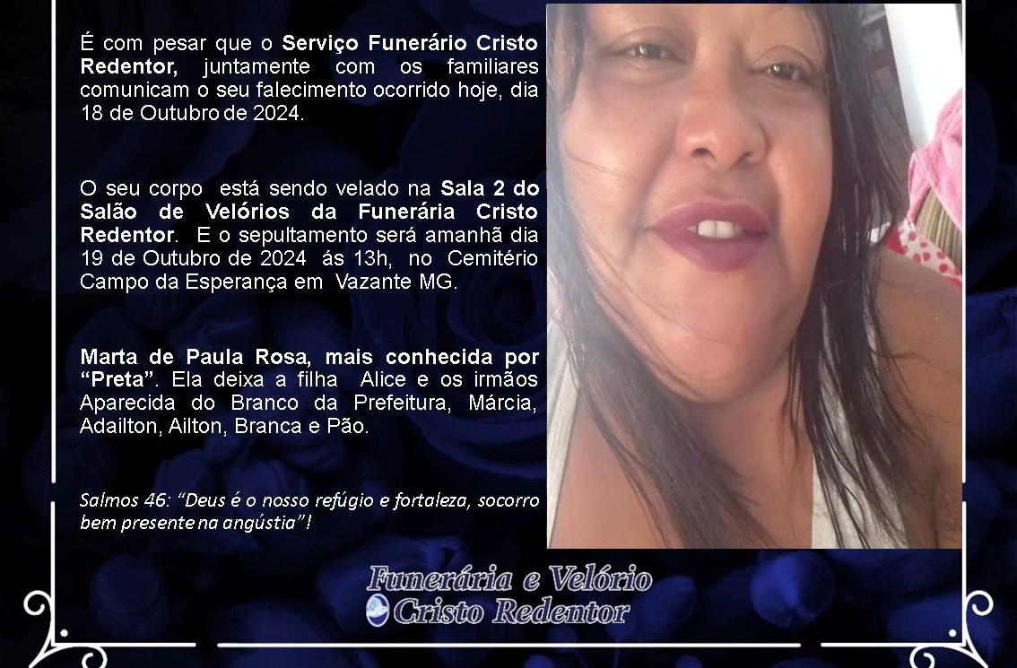 LAMENTAMOS INFORMAR O FALECIMENTO DE MARTA DE PAULA ROSA