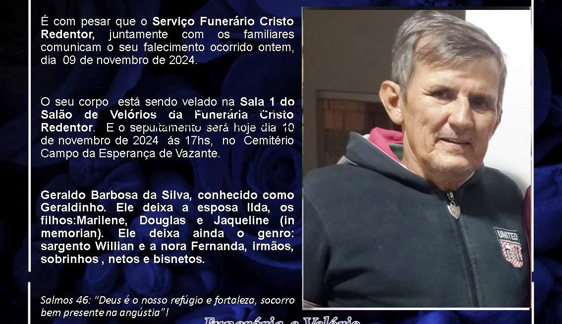 LAMENTAMOS INFORMAR O FALECIMENTO DE GERALDO BARBOSA DA SILVA