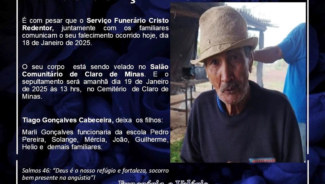 LAMENTAMOS INFORMAR O FALECIMENTO DE TIAGO GONÇALVES CABECEIRA