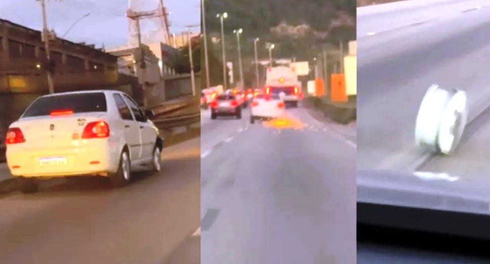CARRO SEM RODA E PNEU E FLAGRADO EM RODOVIA NA GRANDE BH