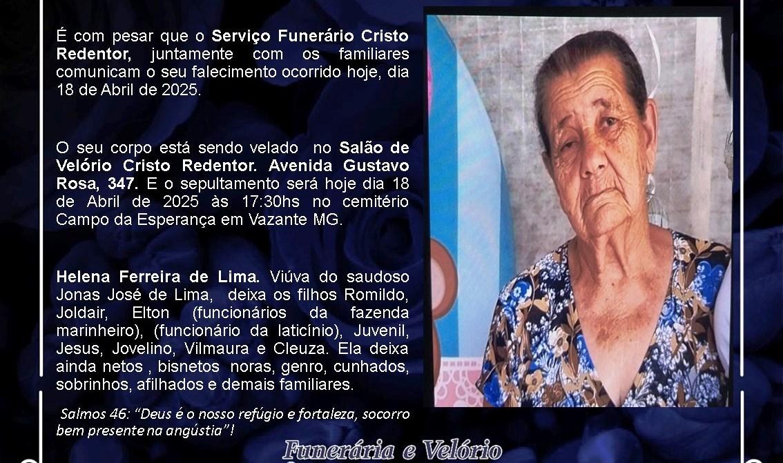 LAMENTAMOS INFORMAR O FALECIMENTO DE HELENA FERREIRA DE LIMA