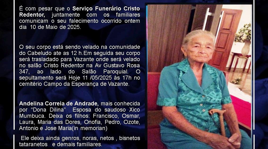 LAMENTAMOS INFORMAR O FALECIMENTO DE ADELINA CORREIA DE ANDRADE