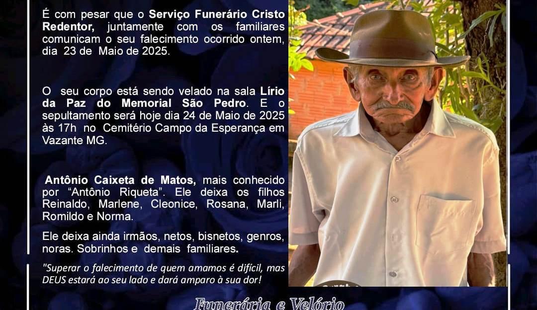 LAMENTAMOS INFORMAR O FALECIMENTO DE ANTÔNIO CAIXETA DE MATOS