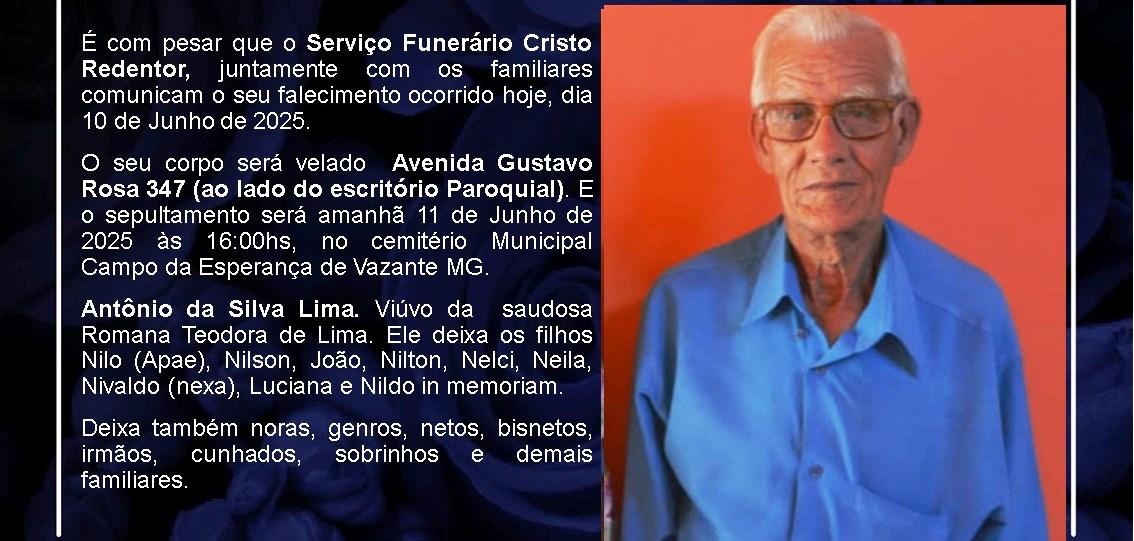 LAMENTAMOS INFORMAR O FALECIMENTO DE ANTÔNIO DA SILVA LIMA